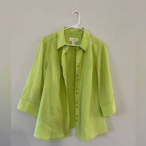 VTG CJ Banks Gauze 3/4 Sleeve Button Down Shirt Layer Top Blouse Lime Green L XL